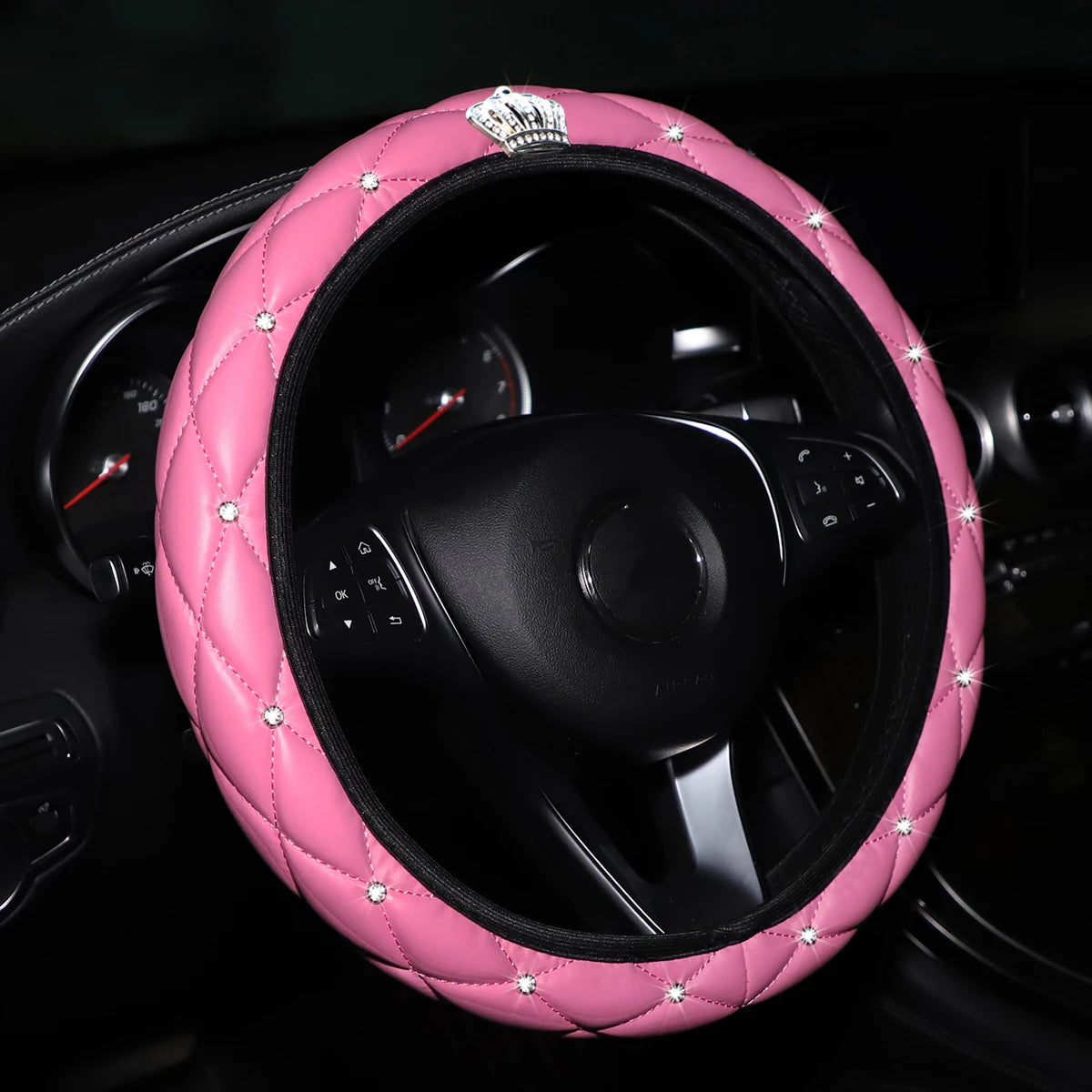 Soft leather diamond-studded crown Blingbling car without inner ring steering wheel cover suitable for 14.5 - 15 inch car access