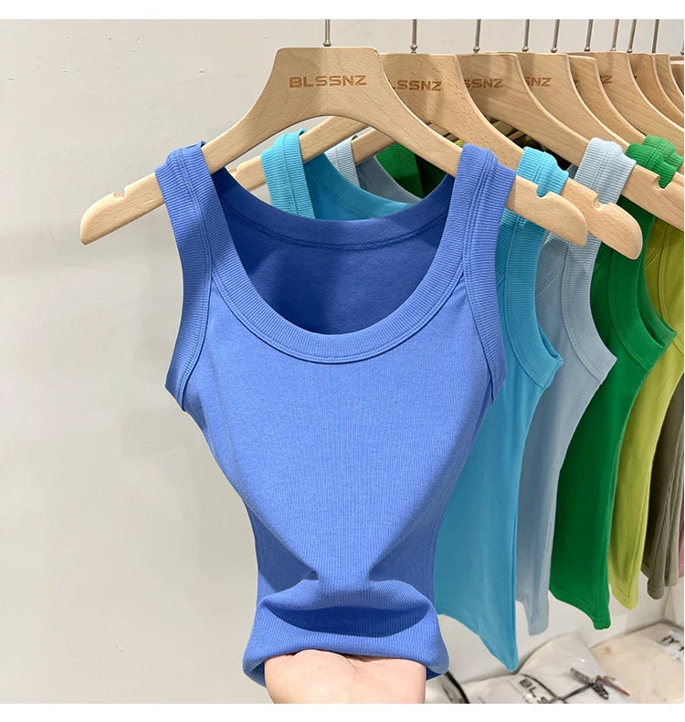 AOSSVIAO Women Solid Round Neck Ribbed Tank Top Camisole Women 2026 Summer Basic Elastic Tank Top O Neck Solid Tank Top