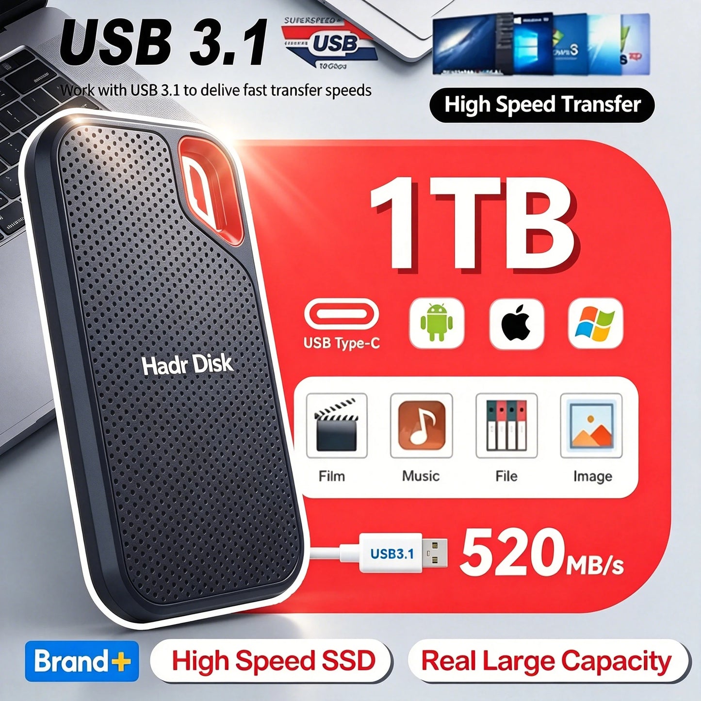 Ultra Thin Portable External SSD Solid State Drive | USB 3.1 Type-C