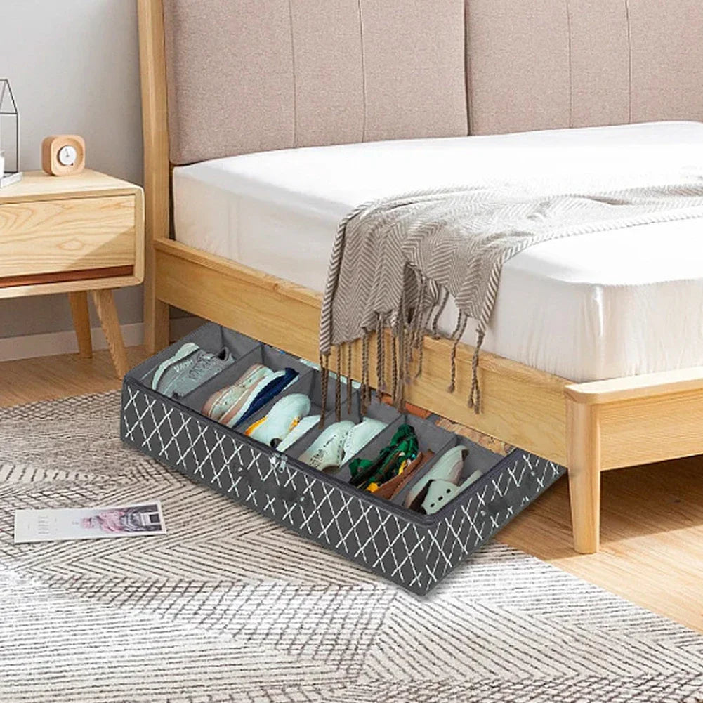 Under Bed Shoe Storage Organizer Fits 12 Pair Sneakers, Sturdy Structure Ultra Thick Fabic Sneaker Storage, Foldable Shoe Boxes
