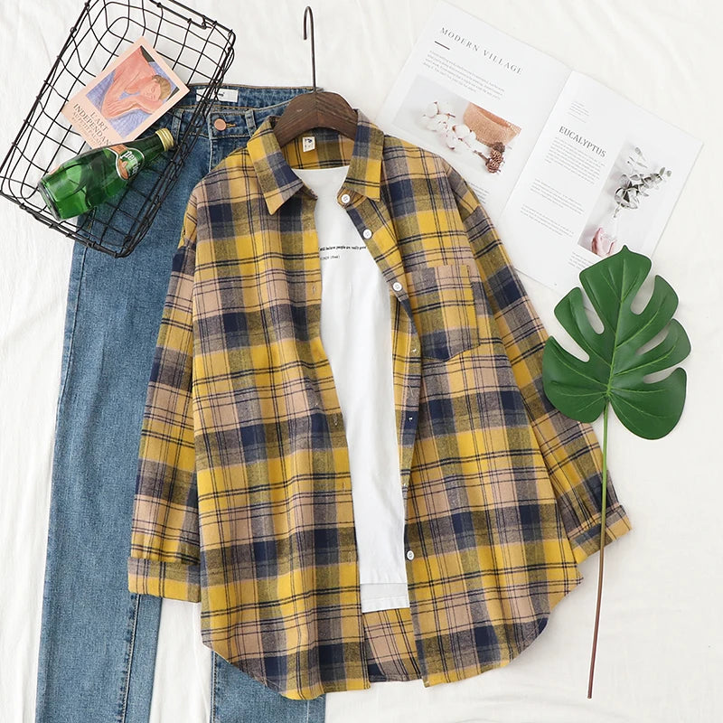 Women's Plaid Long Sleeve Shirt - Loose Casual Button-Up Blouse