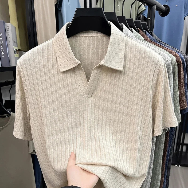 Men's Knitted Polo Tee - V-Neck Stripe, Lightweight Breathable