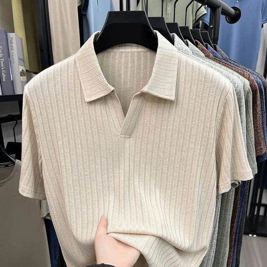 Men's Knitted Polo Tee - V-Neck Stripe, Lightweight Breathable