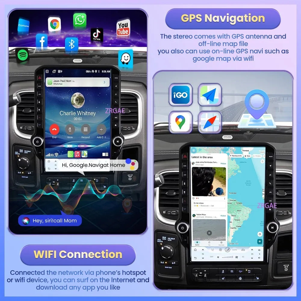 14.5" Android 15 Car radio multimedia player For Dodge RAM 1500 2500 3500 2013-2018 GPS Navigation Tesla Screen Wireless Carplay