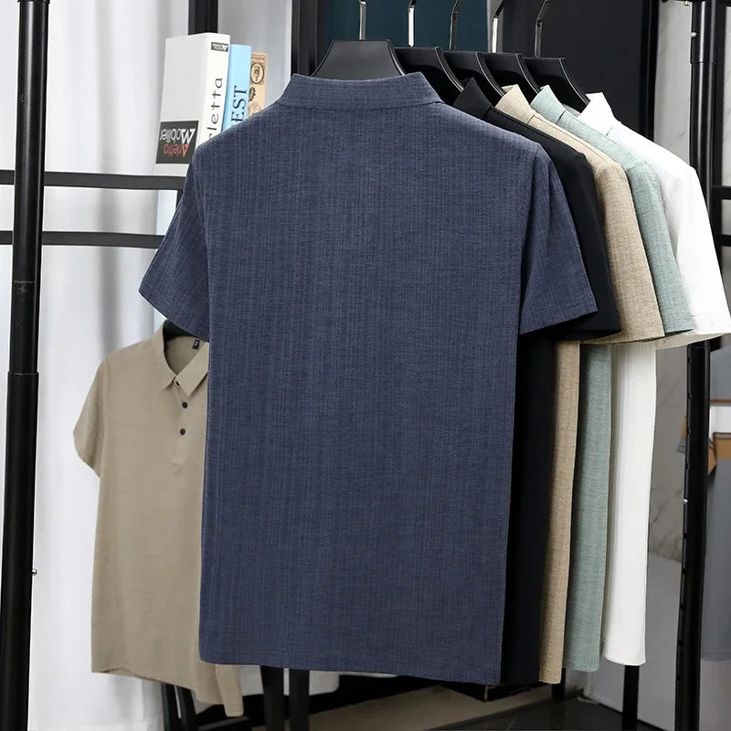 Men's Linen-Blend Polo - Minimalist Plain Lapel, Breathable Soft