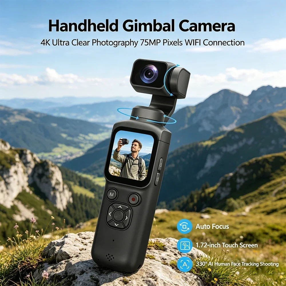 4K Pocket Gimbal Camera — 330° Face-Tracking Stabiliser, 75MP