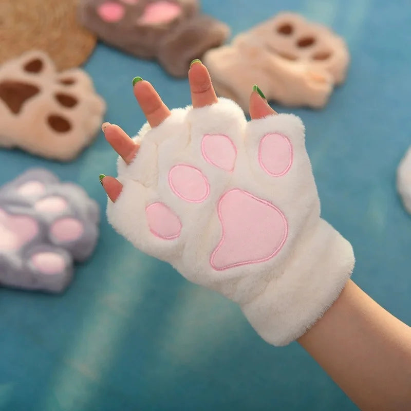 Women's Cat Paw Plush Mittens, Fingerless