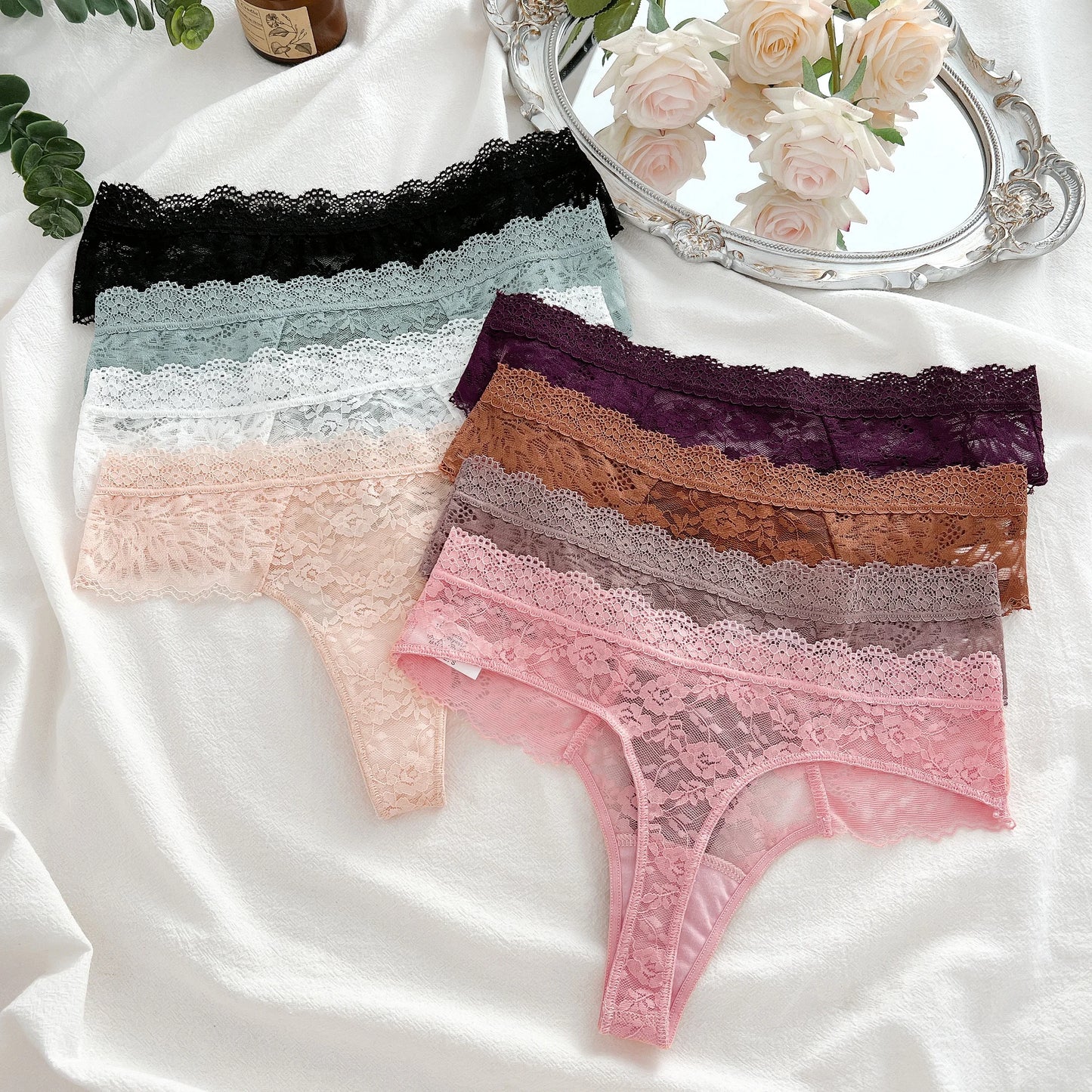 3-Pack Floral Lace Thongs – Soft Low-Rise Seamless Panties