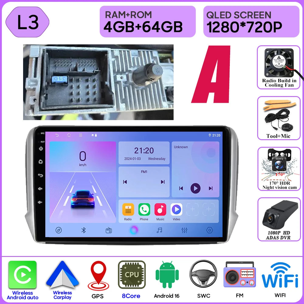 Android 16 GPS Navigation For Peugeot 2008 208 Series 2012 - 2018 Carplay Car Radio Multimedia Player Stereo Video BT 2k Screen