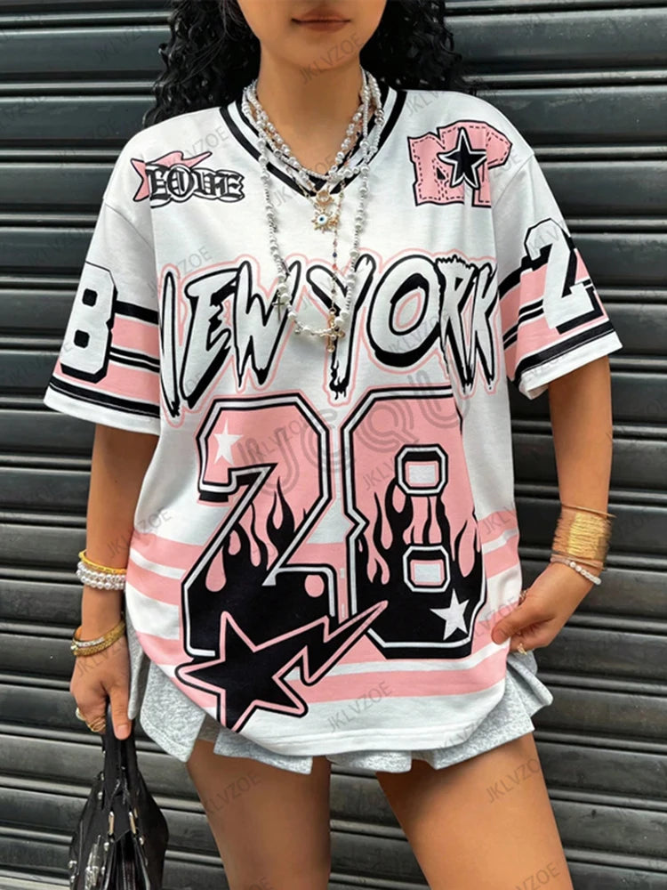 Oversized T-shirt For Women V-Neck Short Sleeve Summer Patchwork New York 28 Print Casual Tees Sports Football Jersey Y2k Tops