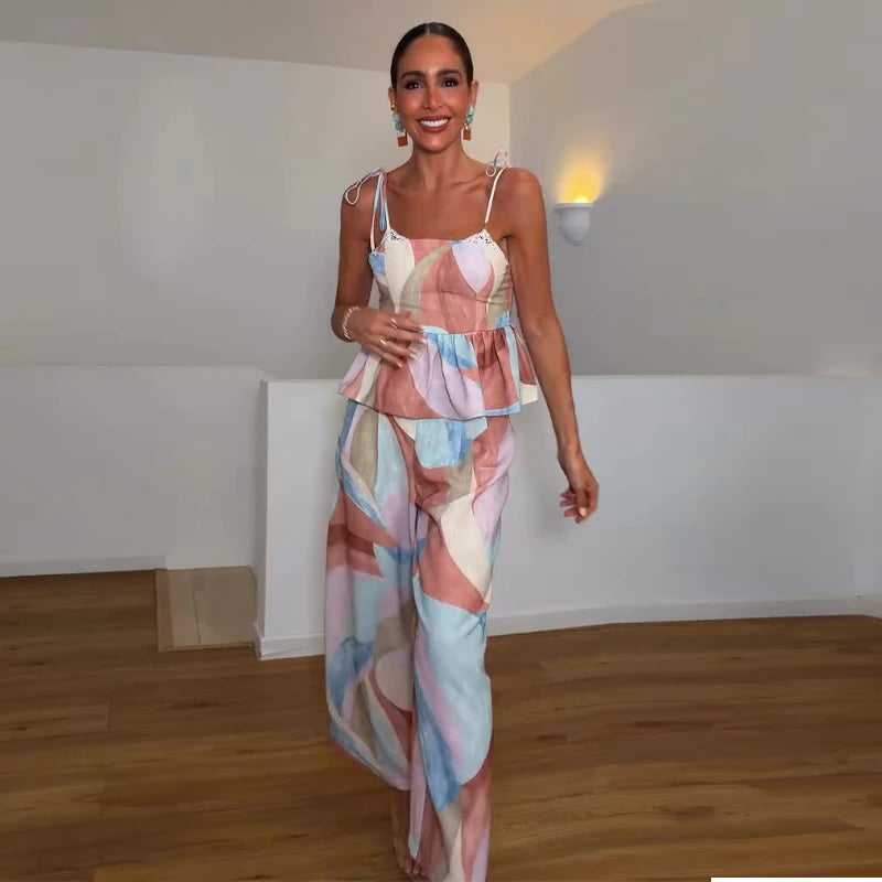 Pastel Cami & Wide-Leg Pants Set — Ruffle 2-Piece Outfit