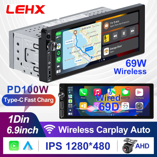 6.9" 1 DIN Universal IPS Car Stereo with Apple CarPlay & Android Auto
