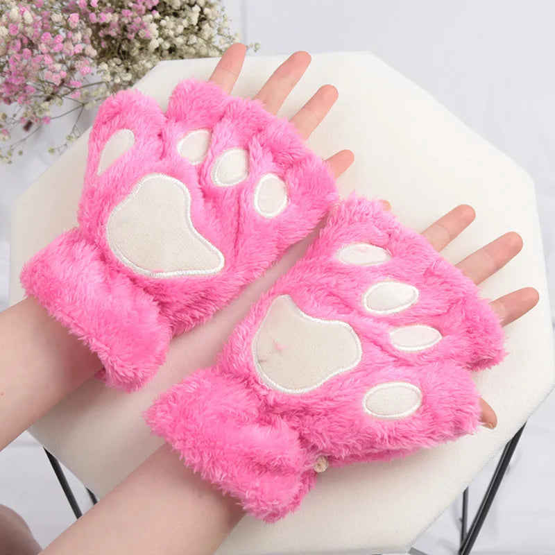 Women's Cat Paw Fingerless Gloves, Plush