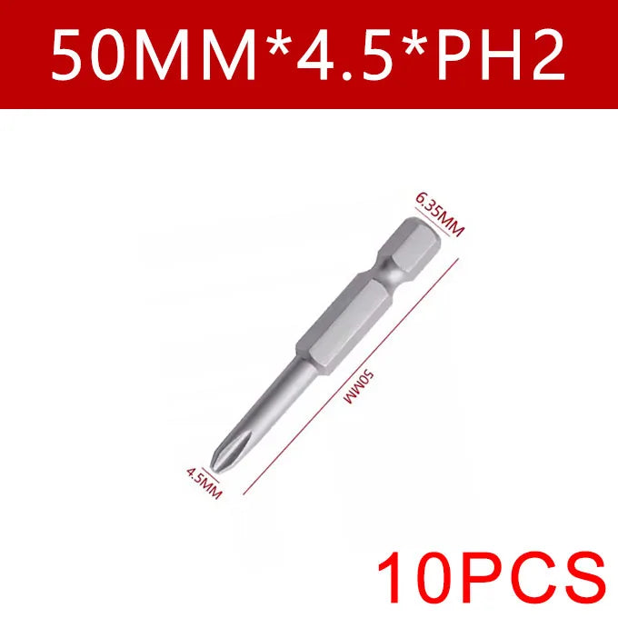 Cross Screwdriver Bit Set — 50mm Alloy Steel 1/4" Hex PH0/PH1/PH2 Bits