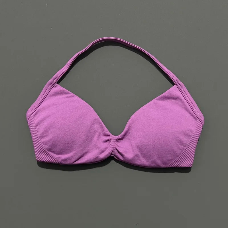 HISTELLO Df Solid Color Impact Strappy Bra Women Seamless Yoga Underwear Fitness Workout Halter Top Running Gym Sports Bra