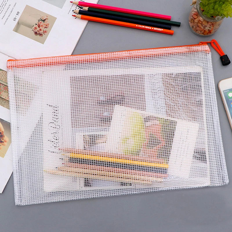 A3/A4/A5 Mesh Zipper Pouch Waterproof Plastic Document Pouch Multipurpose for Travel Storage Office Appliances Home Organize Bag