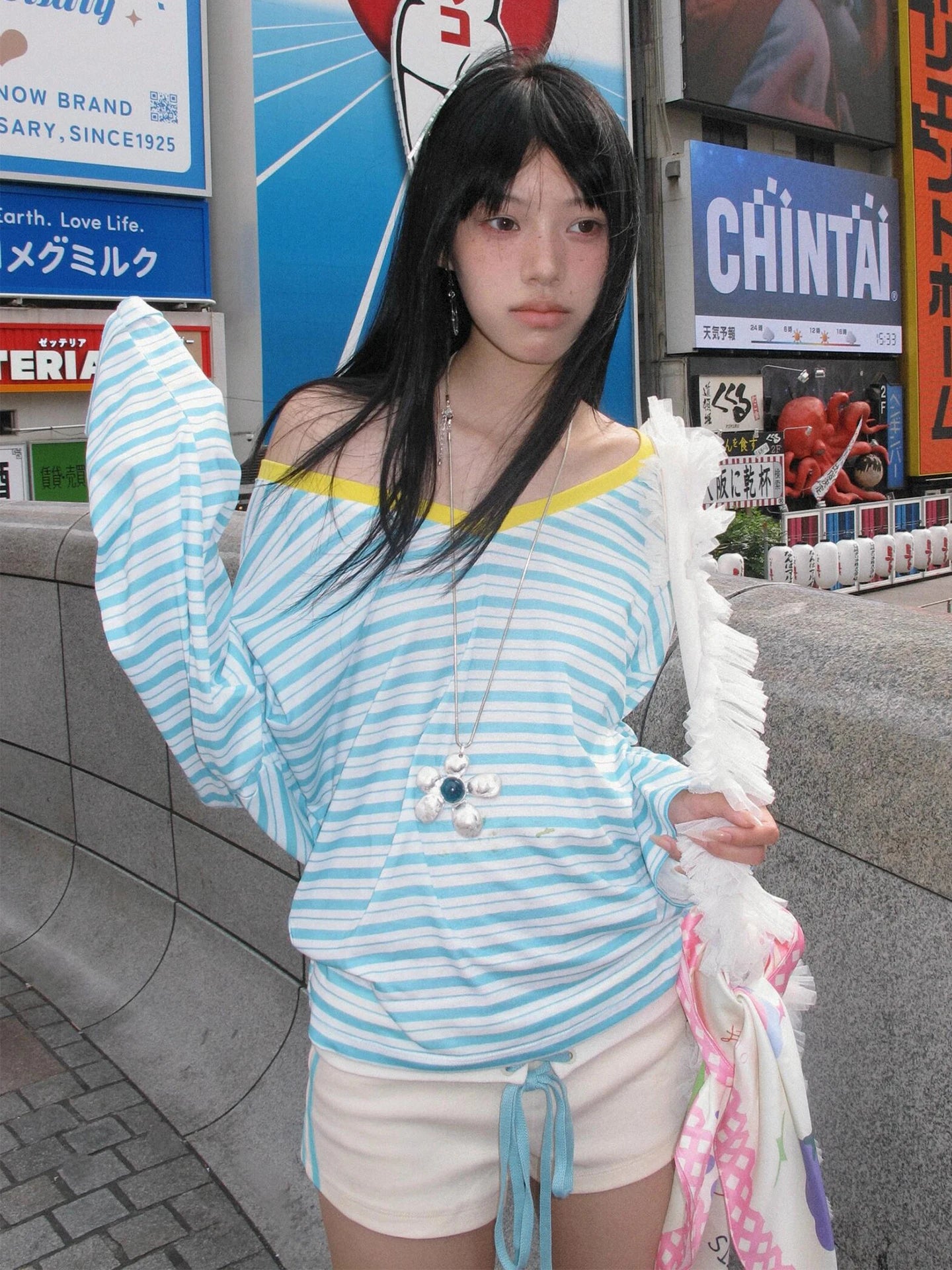 Tonngirls Women's Japanese Y2K Blue Striped V-Neck Long Sleeve T-Shirt – Vintage Off Shoulder Loose Tee