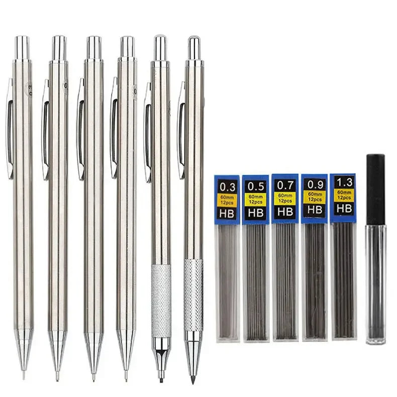 Full Metal Mechanical Pencil Set 0.3 0.5 0.7 0.9 1.3 2.0mm HB Automatic Pencil With Leads,for Art Drawing Writing Sketchin