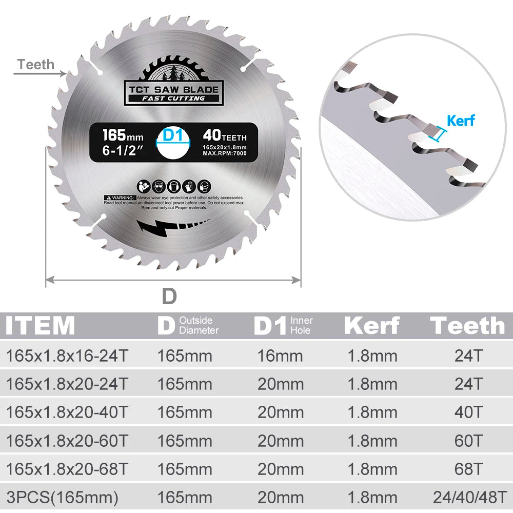 XCAN 165mm TCT Carbide Saw Blade — 24–60T Wood Cutting Disc