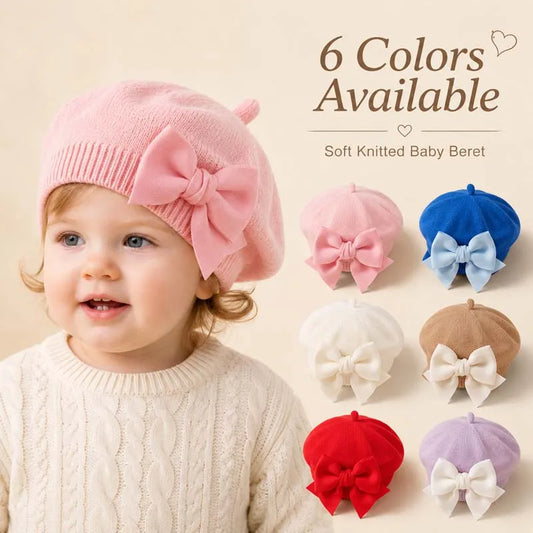 Baby Girl Knit Beret with Bow - Soft Infant Painter Hat
