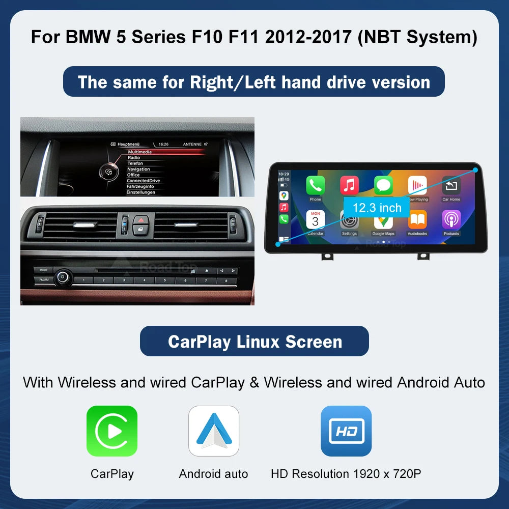 12.3" Wireless CarPlay & Android Auto Display for BMW 5 Series F10/F11 (2012–2016) NBT — 1920×720 Touchscreen