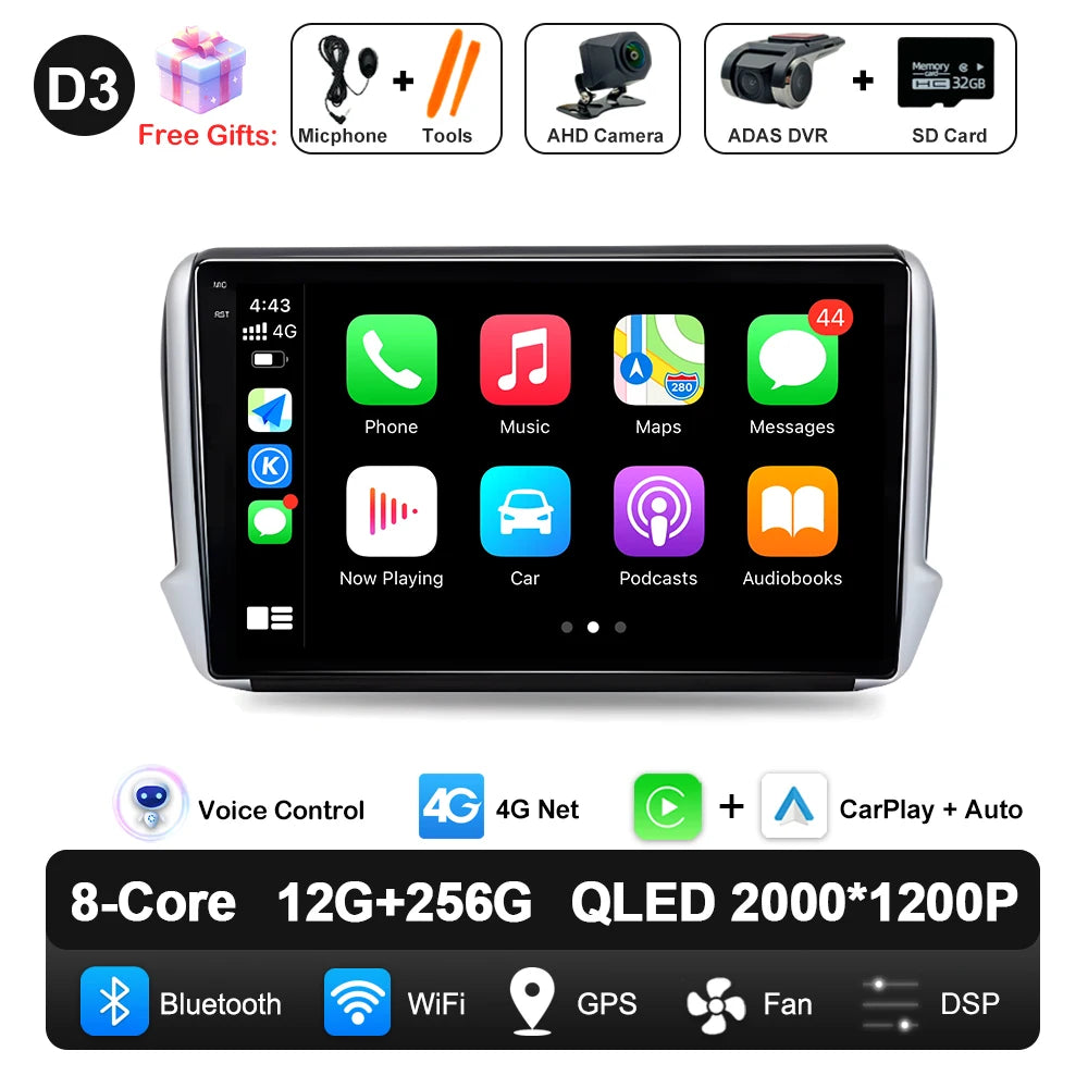Car Stereo with Apple CarPlay & Android Auto, Compatible with Peugeot 2008 & 208 (2012-2018)