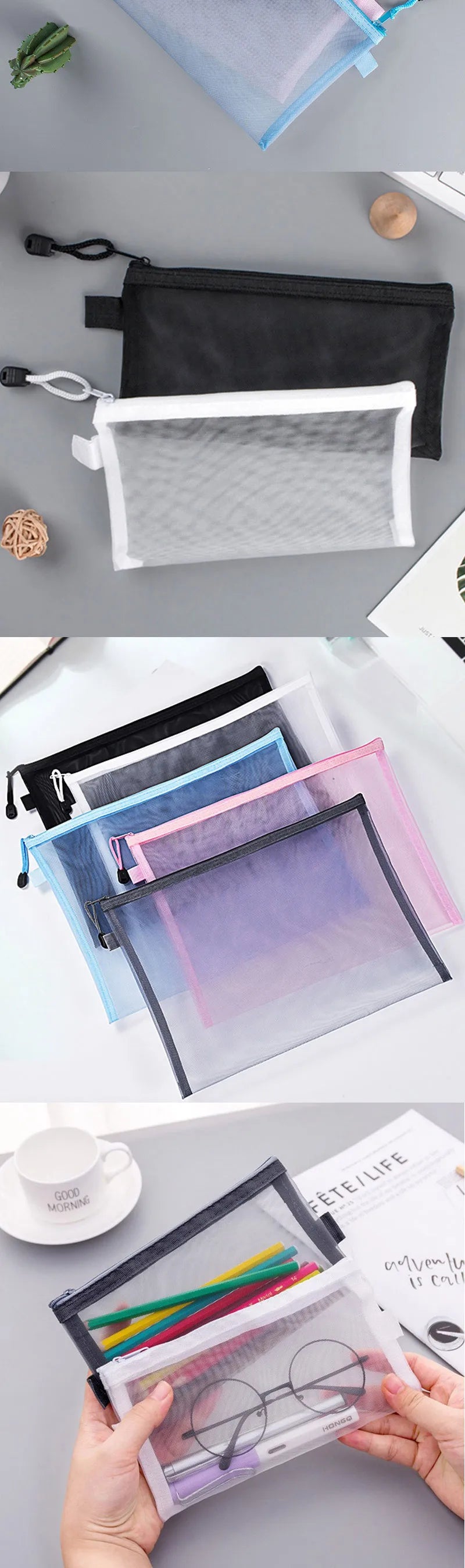 Nylon Mesh File Bag A4 A5 A6 Transparent Zipper Test Paper Information Bag Office Student Pen Bag Subject Bag Puzzle Storage Bag