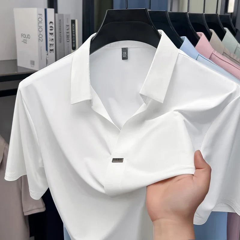 Men's Slim-Fit Lapel Polo - Metal-Bar Placket, Seamless Smooth Knit