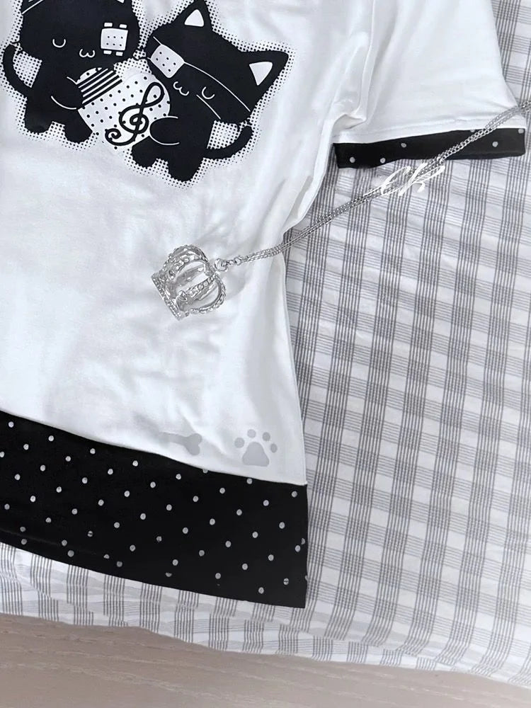 Trendy Cute Polka Dot ort Sve Waist Cinched Belted Fake Two-Piece Bow Tie One-oulder Top for Young Women Summer Wear