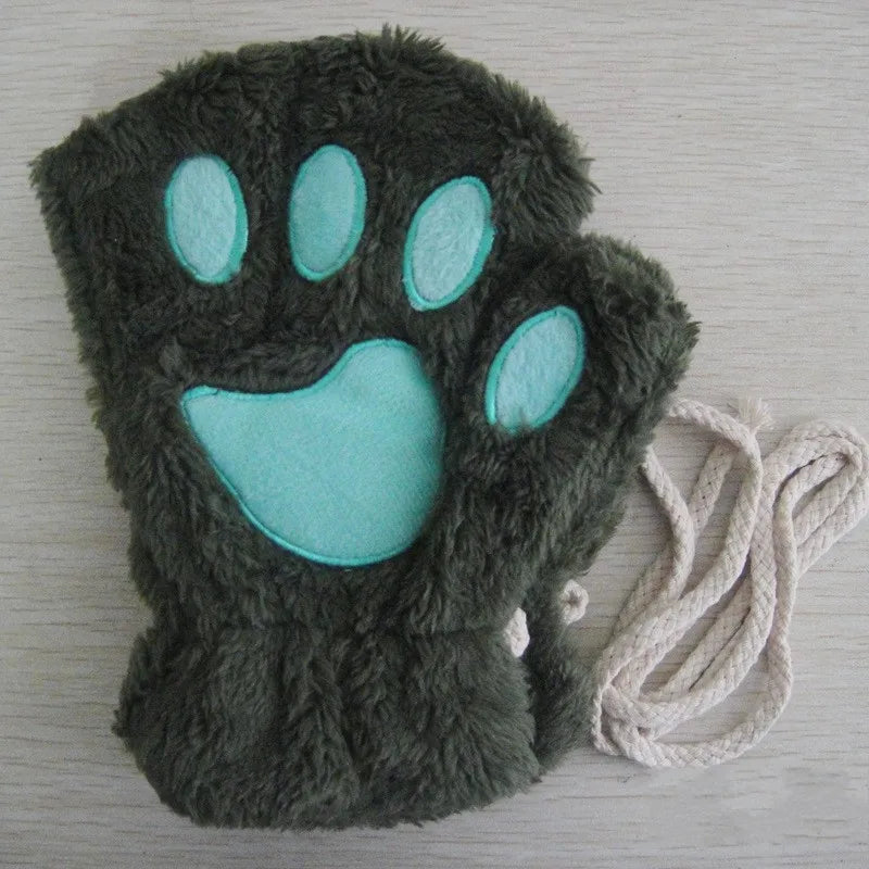 Women's Cat Paw Plush Mittens, Fingerless