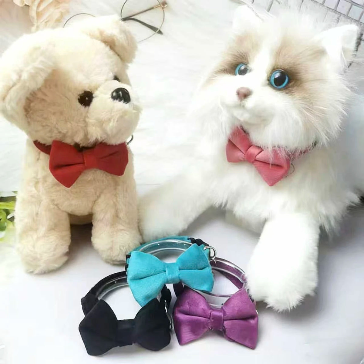 1Pcs/2Pcs Cat Collar with Bell Bow Tie Velvet & Fabric Adjustable Safety Collar for Small Dogs Kittens Pet Supplies