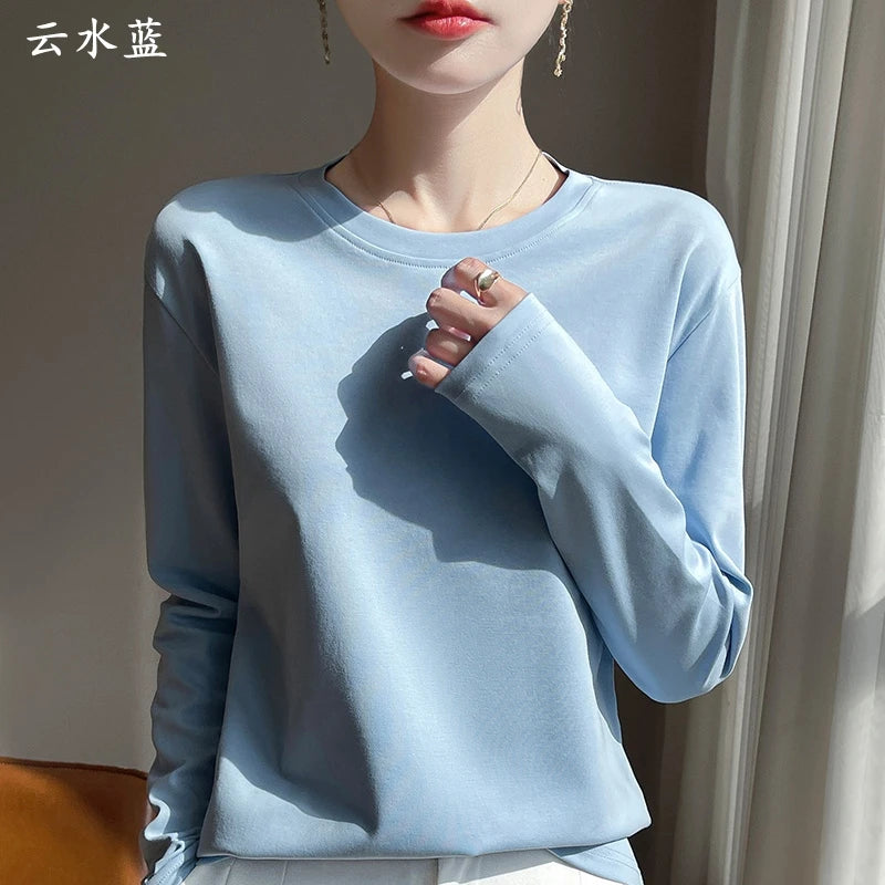 Spring And Summer New Mercerized Cotton Long Sleeve T-shirt Women's Round Neck Loose 100% Cotton Bottoming T-shirt