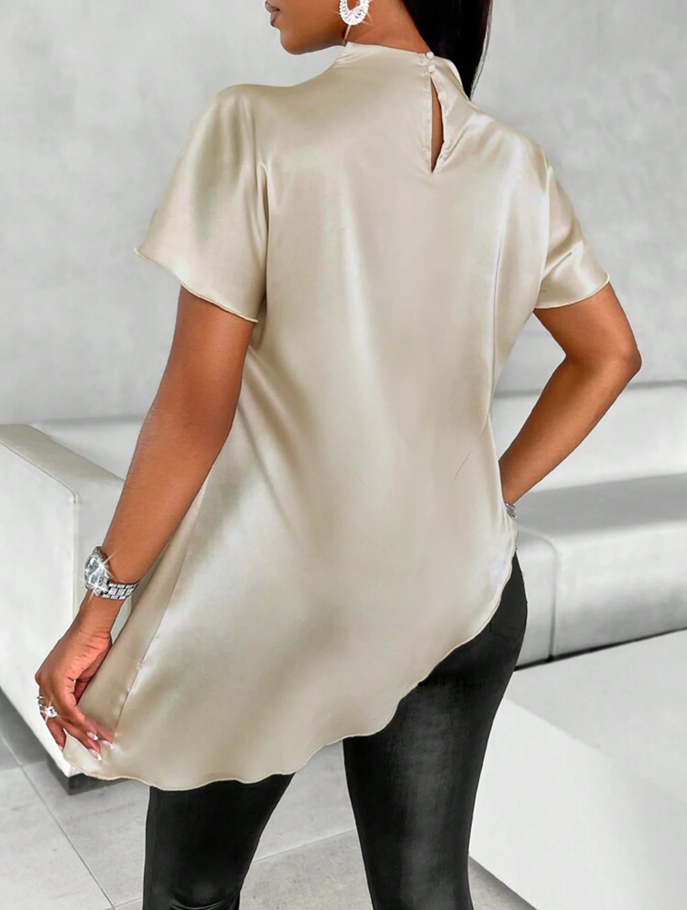 Women's Solid Color Satin Shirt 2025 Spring/Summer Foreign Trade Asymmetric Hem Blouse Top