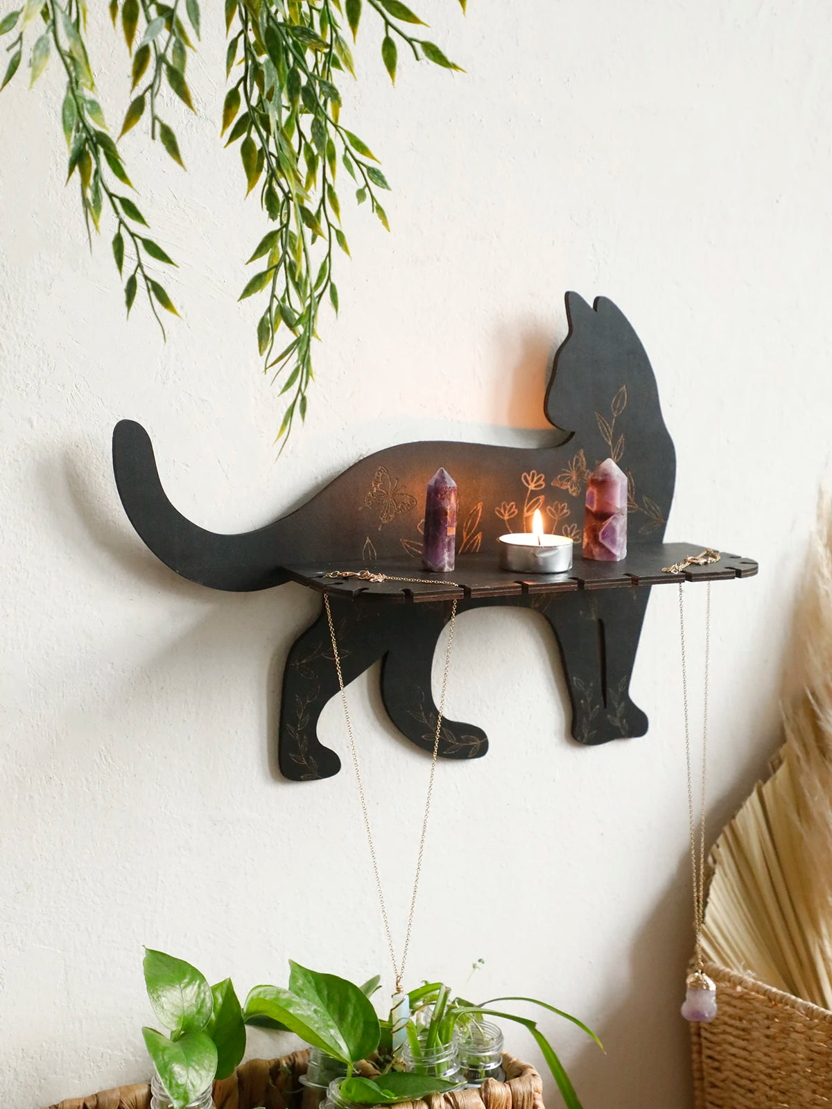 Black Cat Floating Wall Shelf - Flower Pattern Display – photo 6
