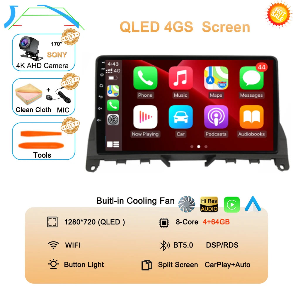 Car Stereo with Apple CarPlay & Android Auto, Compatible with Mercedes-Benz C-Class W204 S204 (C180 C220)