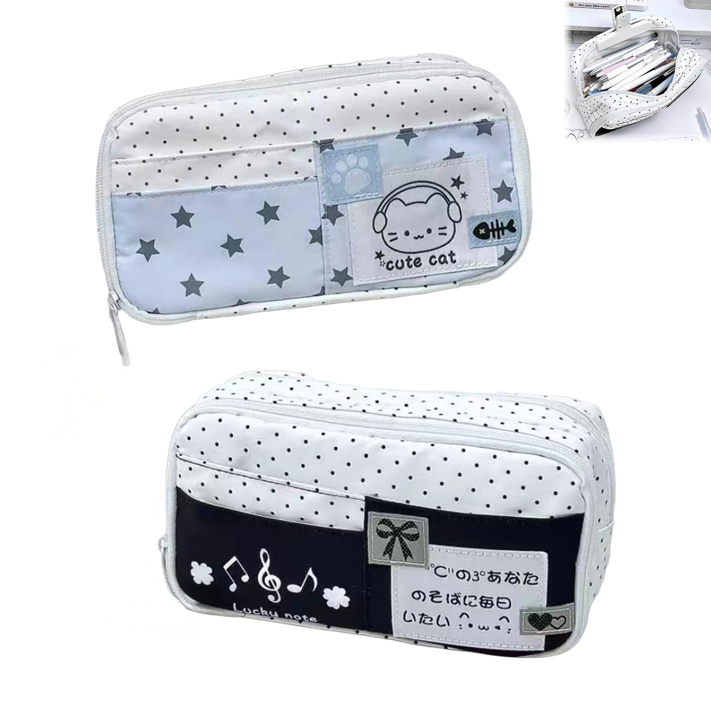 Cute Cat Pattern Blue Polka Dot Pencil Case for Students