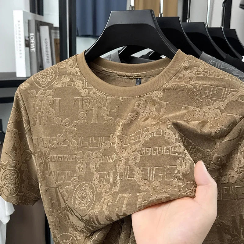 Men's Ice-Silk Mesh Tee - Jacquard Crew Neck, Slim Breathable