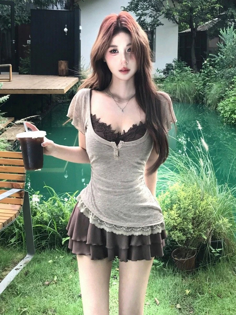 American Retro Two Piece Sets Women Gray Short Sleeve Henley Tops + Layered Ruffle Mini Skirts Harajuku Summer Lace Trim Outfits