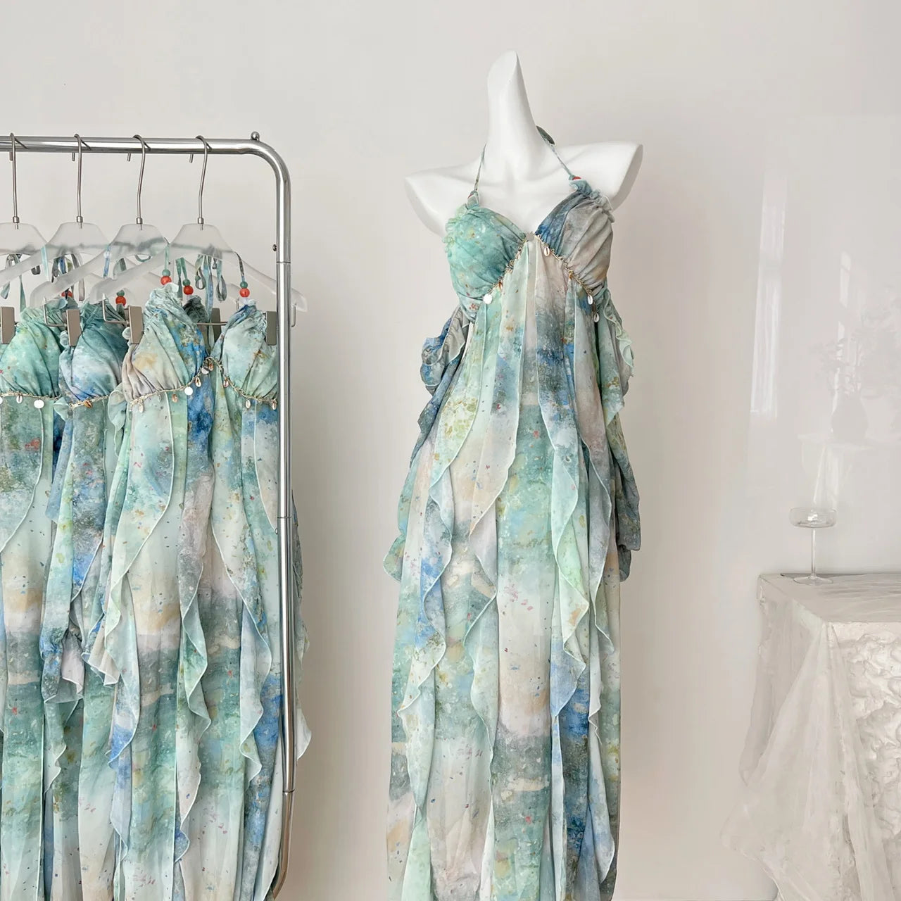 2026 Elegant Halter Neck Ruffled Maxi Dress Women Blue Green Floral Print Bohemian Design Beach Vacation Casual Party Dress New