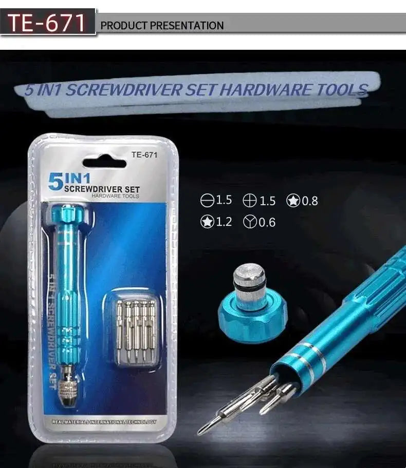 5 in 1 Mini Precision Screwdriver Set with Magnetizer TE-671 Aluminum Alloy Handle Interchangeable Bits for iPhone Camera Watch