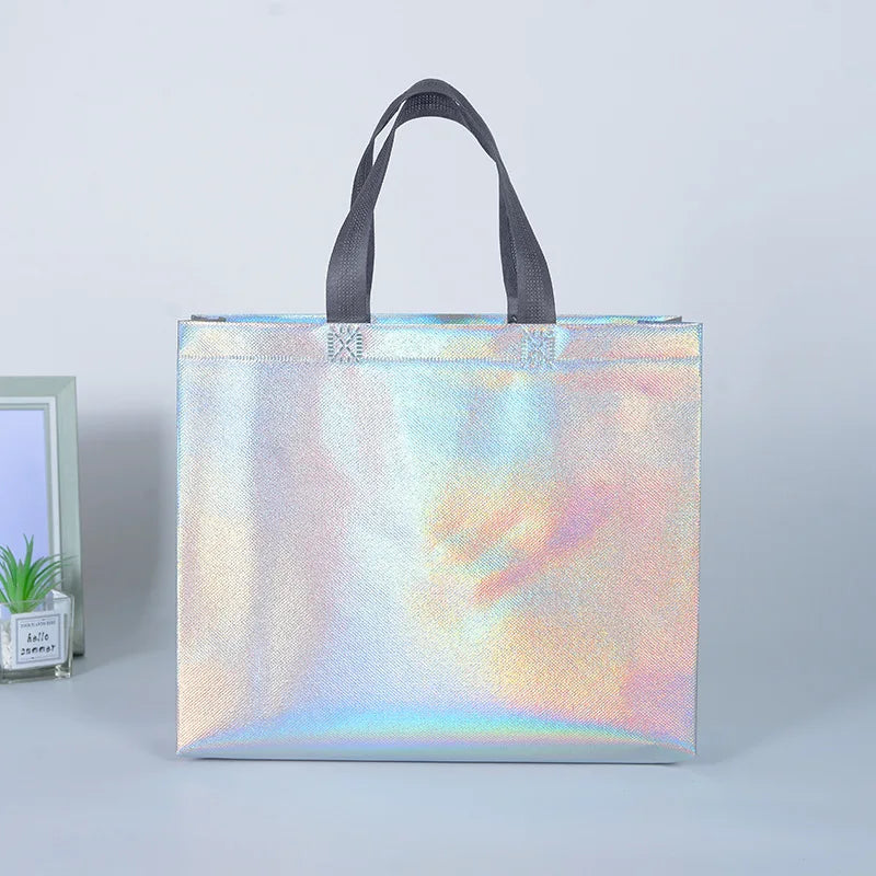 10Pcs Reusable Silver Laser Tote Bag Durable Non Woven Gift Shopping Bag for Wedding Bridesmaid Party Birthday Eco Friendly
