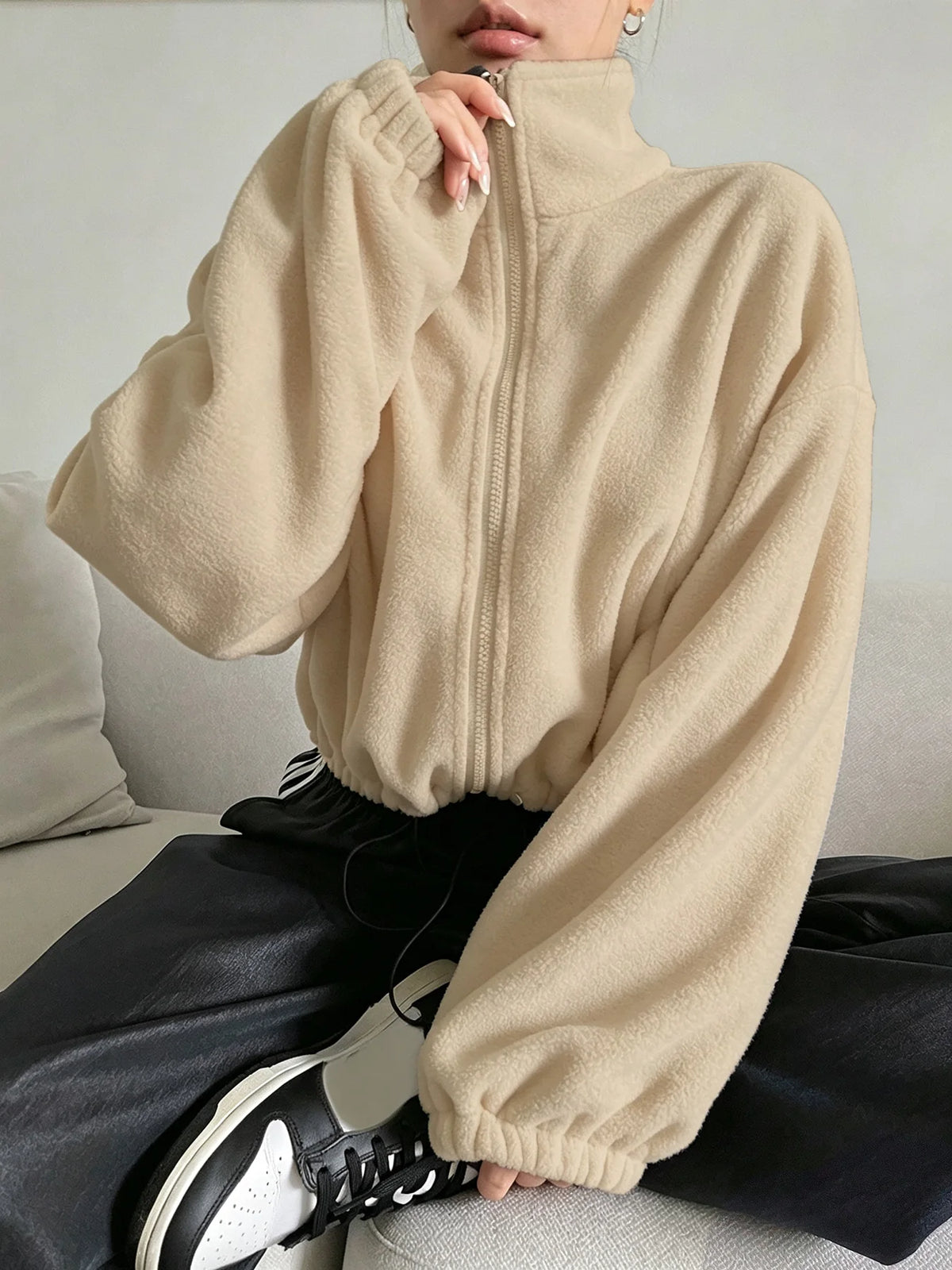 Women's Cropped Polar Fleece Jacket - Stand Collar Zip Up