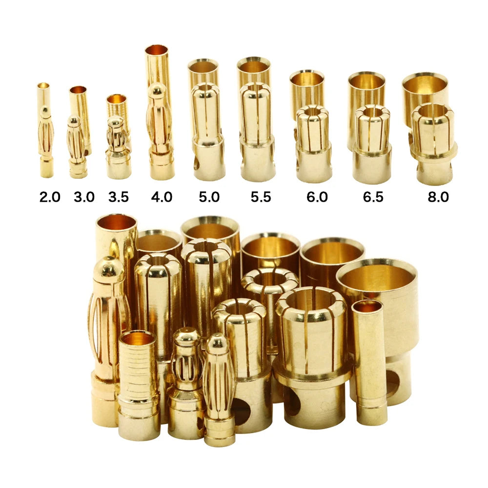 10pair/lot 2.0/3.0/3.5/4.0/5/5.5/6/6.5/8mm Gold Bullet Banana Connectors Plug For Lipo Battery RC ESC Motor DIY Accessories Toy