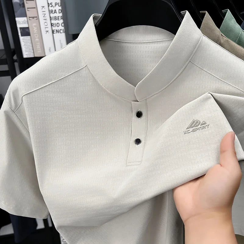 Men's Sport Mandarin Collar Polo - Breathable Mesh, Button Placket