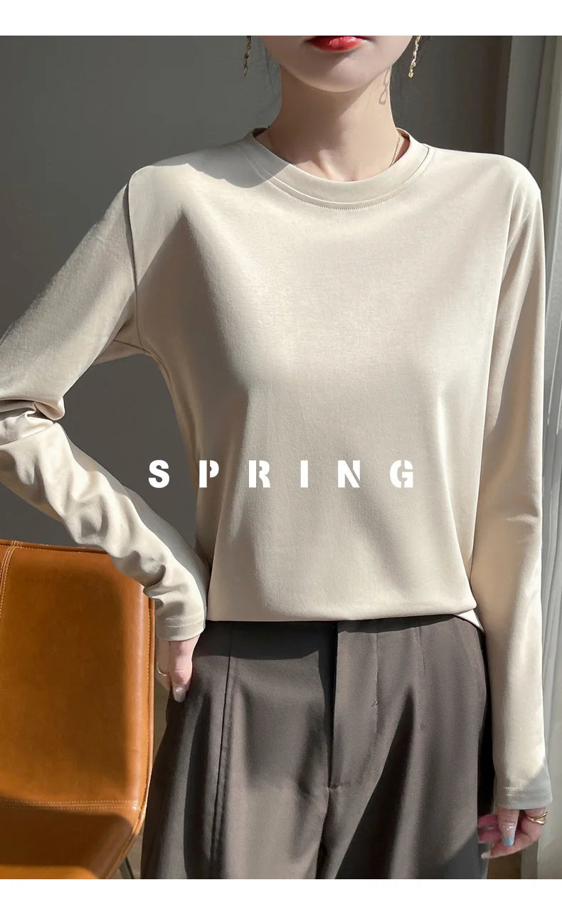 Spring And Summer New Mercerized Cotton Long Sleeve T-shirt Women's Round Neck Loose 100% Cotton Bottoming T-shirt