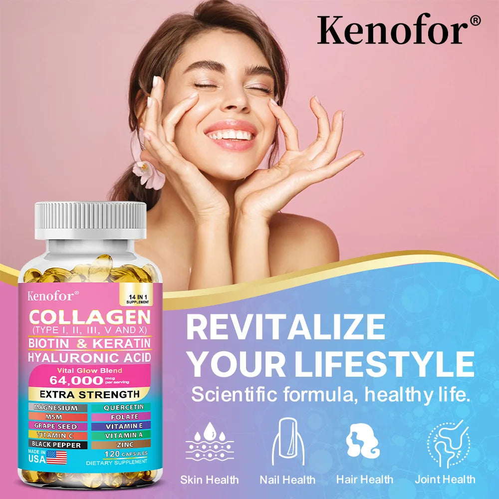 Kenofor 14-in-1 Collagen Capsules – Biotin, Keratin, Hyaluronic Acid, Vitamins A/C/E | Anti-Aging Skin, Hair & Nails Supplement | 30/60/120 Count
