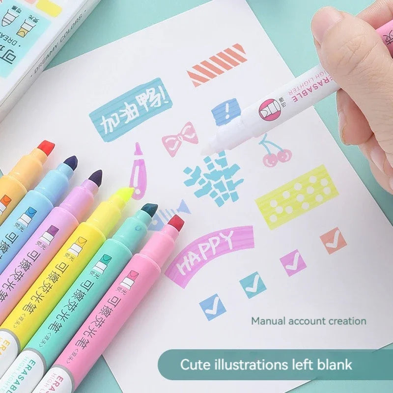 6pcs Erasable Highlighters Pastel Markers Dual Tip Fluorescent Pen for Art Drawing Doodling Marking School Office Stationery