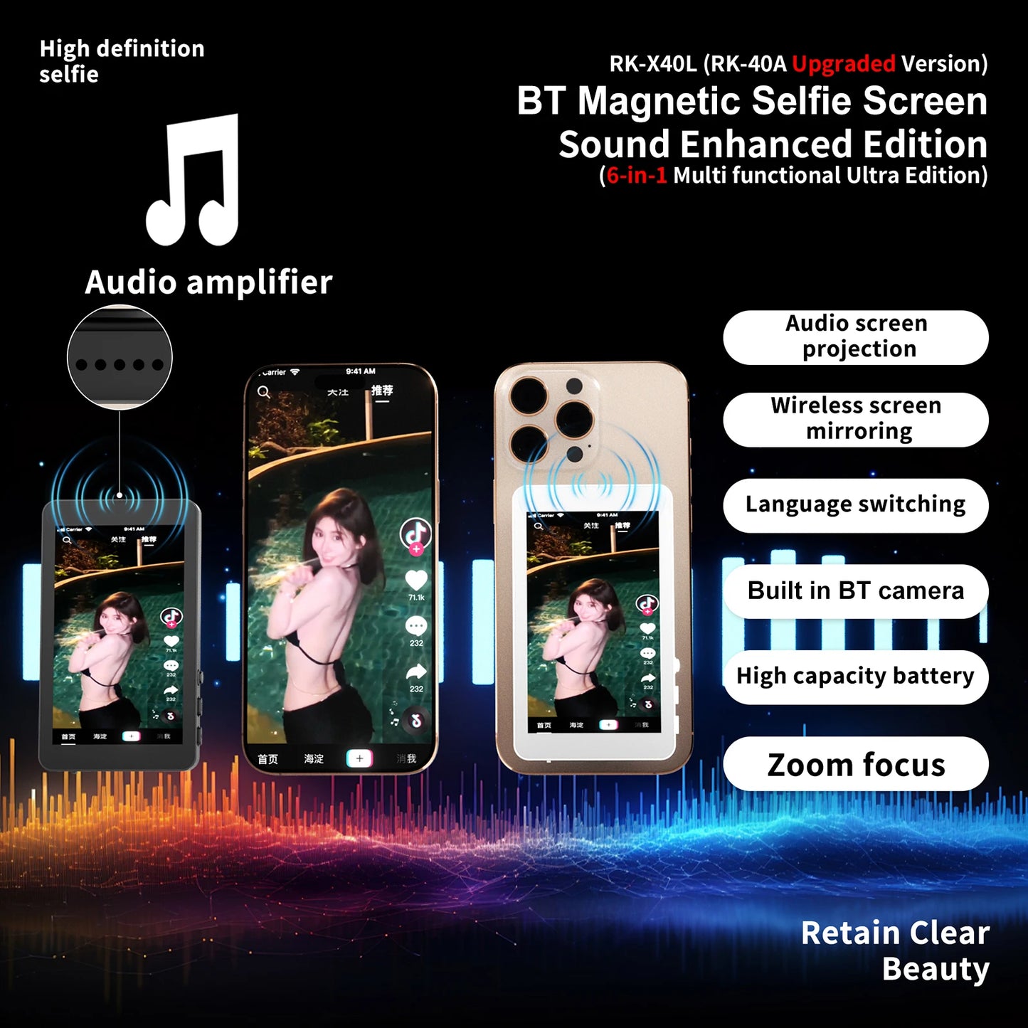 Upgrade Magnetic Wireless Selfie Monitor Screen 4inch For Android Phone Rear Camera Live Streaming Video Recording W/ Zoom Focus
