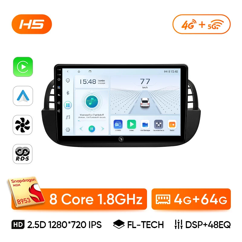 Ainavi 9" Android Car Stereo for Fiat 500 — CarPlay, Android Auto, GPS, Steering-Wheel Control