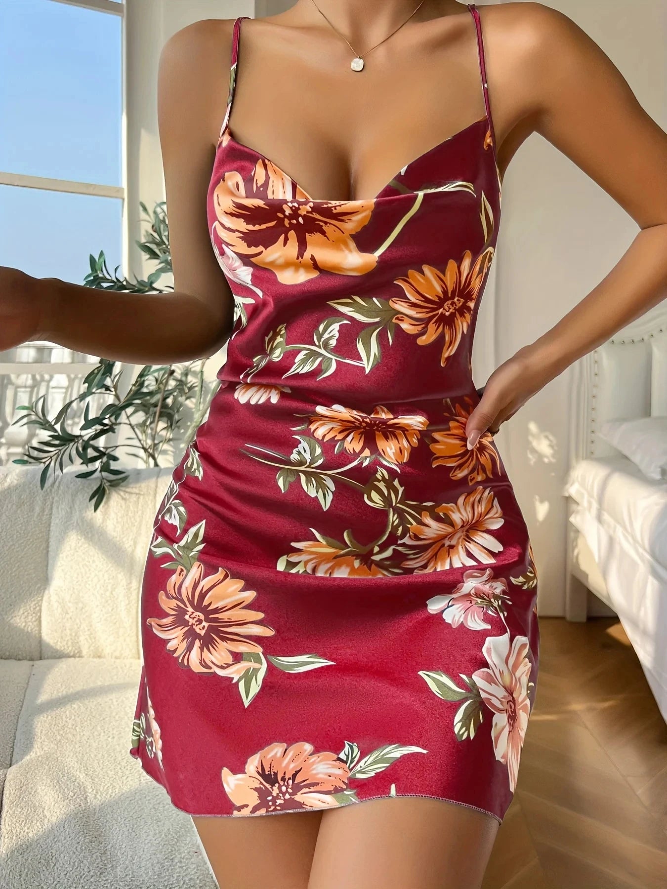 Women's Ice Silk Floral Print Slip Nightdress – Breathable Open Back Split Mid-Calf Pajama Dress | S–XL (9 Colors)